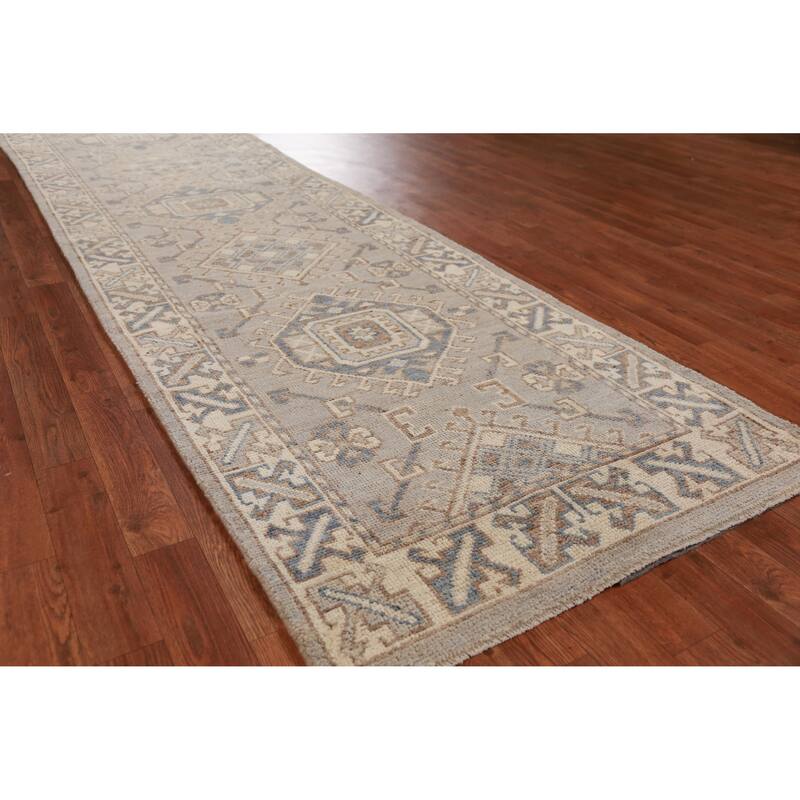 Hand Knotted Oriental 100% Wool Carpet Transitional Geometric Beige & Ivories Oushak Runner Rug - 11' 7'' X 3' 1''