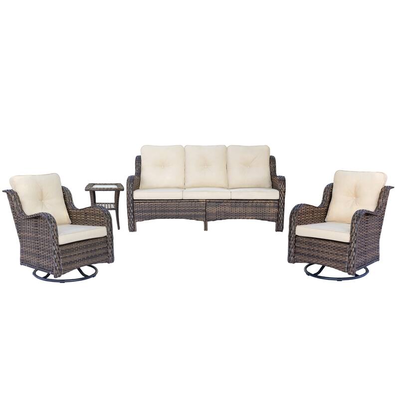 High Back 4-Piece Outdoor Wicker Patio Furniture Seating Sofa Set with Swivel Chairs