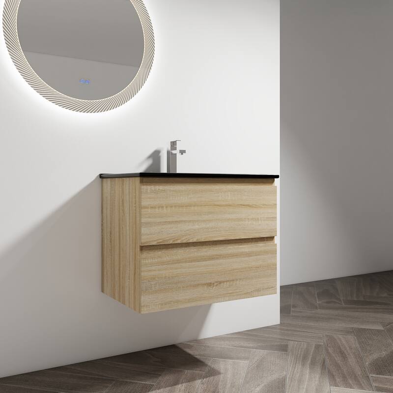 Modern 24" Floating Bathroom Vanity with Black Ceramic Basin, Soft-Close Drawers, Water-Resistant Melamine Surface