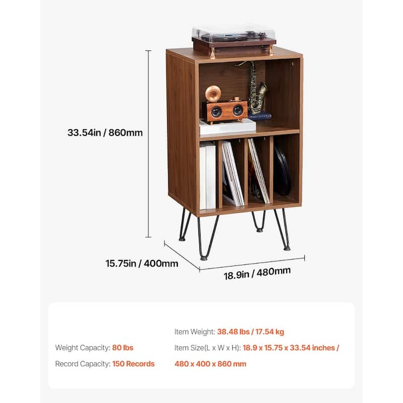 Brown Metal Record Stand with 3 Tiers, Vinyl Storage for 150 Albums - 18.9 x 15.75 x 33.54 inches
