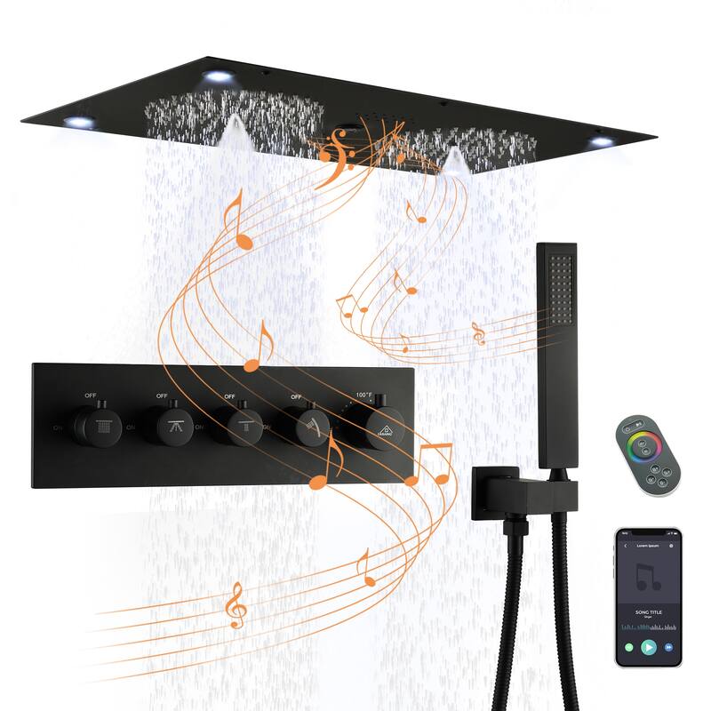 Thermostatic 4-Spray 28 in. x 15 in. Ceiling Mount Fixed and Handheld Dual Shower Head 2.5 GPM with LED Mood Light & Music - Matte Black