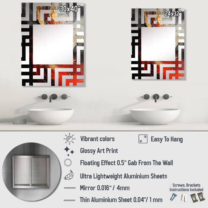 Designart "Red And Gold Marble Volcano V" Abstract Painting Mirror Red - Modern Large Wall Mirror For Bathroom