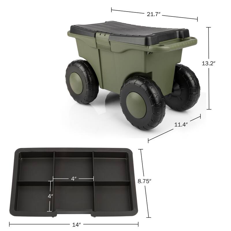 Rolling Garden Cart with Seat - Plastic Storage with Bench and Interior Tool Tray by Pure Garden (Green)