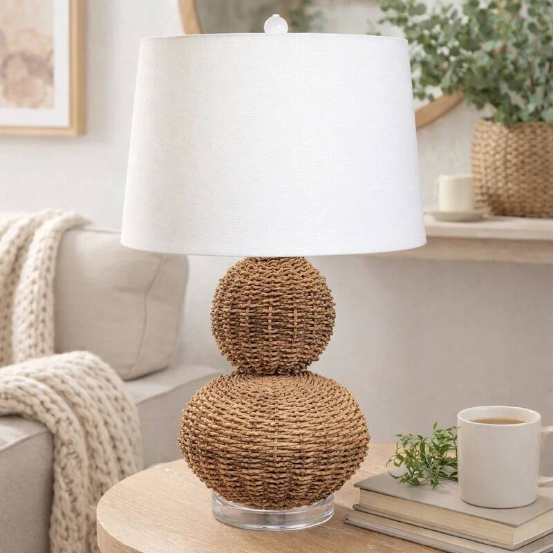 25 Inch Table Lamp, Rattan Woven, Inverted Tapered Shade, White, Beige