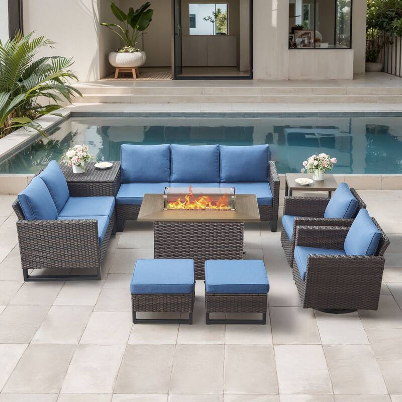 Gymojoy 9 Piece All-Weather Wicker Outdoor Patio Family Conversation Set Group With Fire Pit Table - Brown Wicker / Blue Cusion - 9-Piece