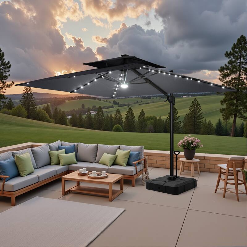 9 FT x 11 FT Outdoor LED Lighted Double Top Patio Cantilever Umbrella with Base - Dark Grey