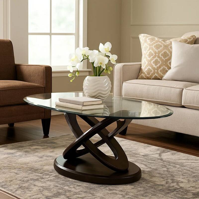 Oval Glass Top Coffee Table with Cross Oval Base, Brown and Clear