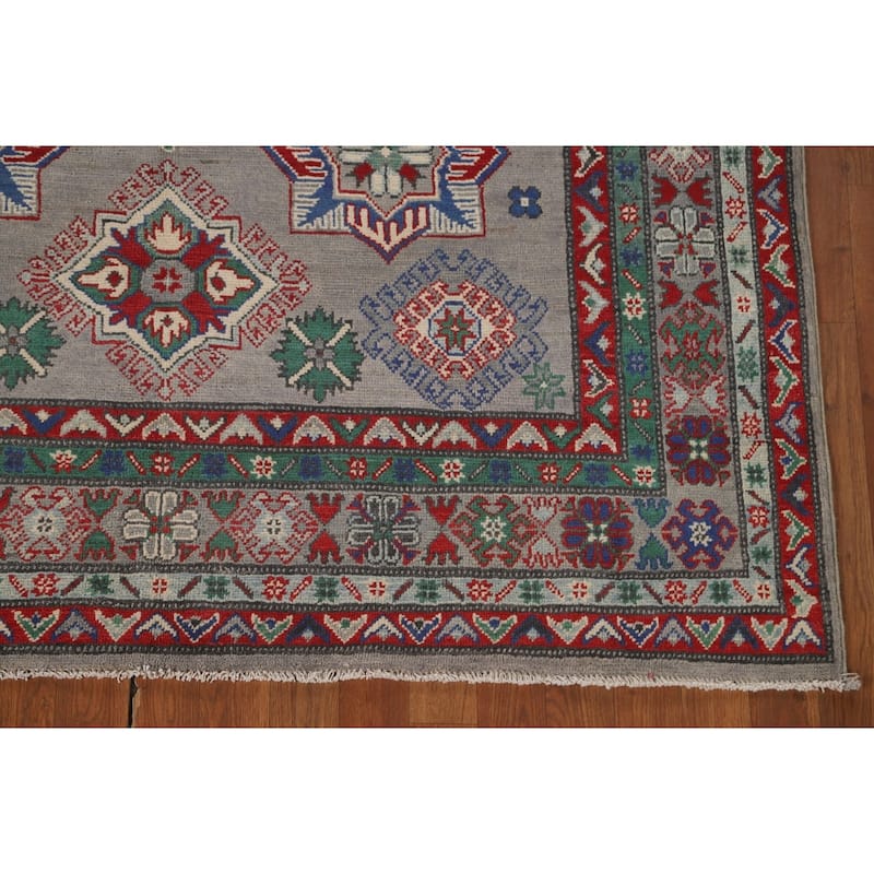 Geometric Kazak Area Rug Handmade Oriental Grey Wool Carpet - 5'6" x 7'9"