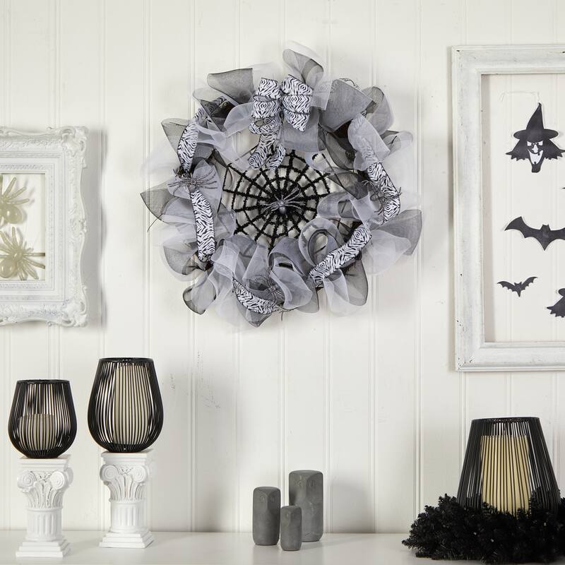Spider Web Mesh Artificial Halloween Wreath, 26-Inch, Unlit