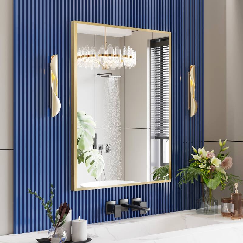 Aluminum Alloy Framed Wall Mounted Bathroom Vanity Accent Mirror in - 32" * 24" - Brushed Gold