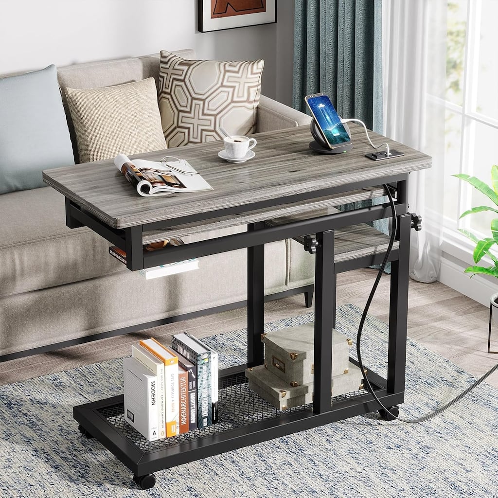 28"-39.3" Height Adjustable Portable Desk with Power Outlet & USB Ports -Grey