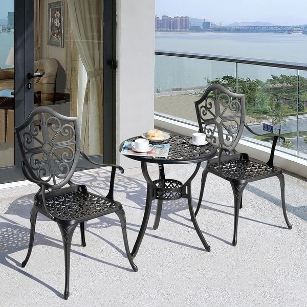 balcony patio set 3pc 7 umbrella 3-Piece Bistro Outdoor Cast Aluminum Bistro Table and Chairs  Nuu Garden The cast aluminum frame is robust and built to last Clancy 3 Piece All-Weather Modern