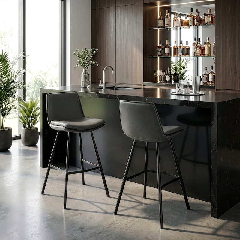 Set of 2 Avalyn Grey Faux Leather Bar Stool with Black Metal Legs