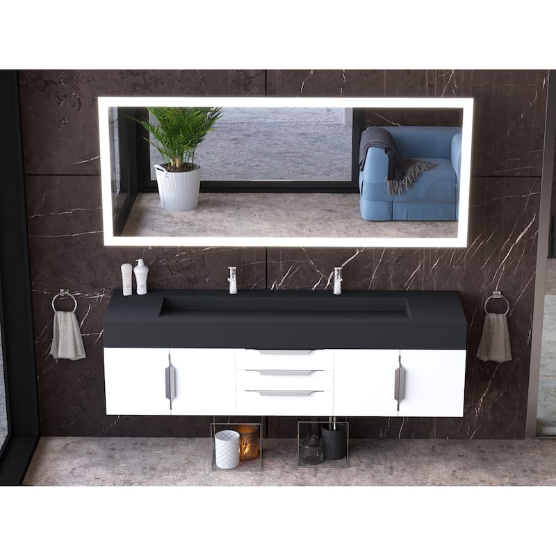 Nile 72" Wall Mounted Bathroom Vanity Set w/ Black Top