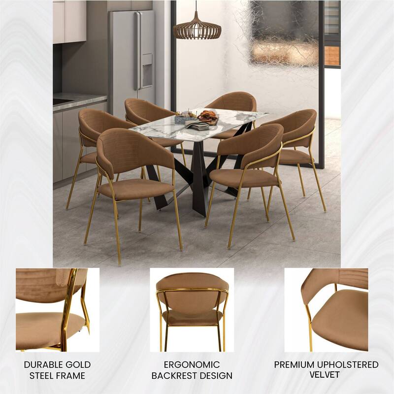 LeisureMod Set of 2 Bella Modern Dining Chair Upholstered in Leather or Velvet & Gold Base for Home Office Kitchen