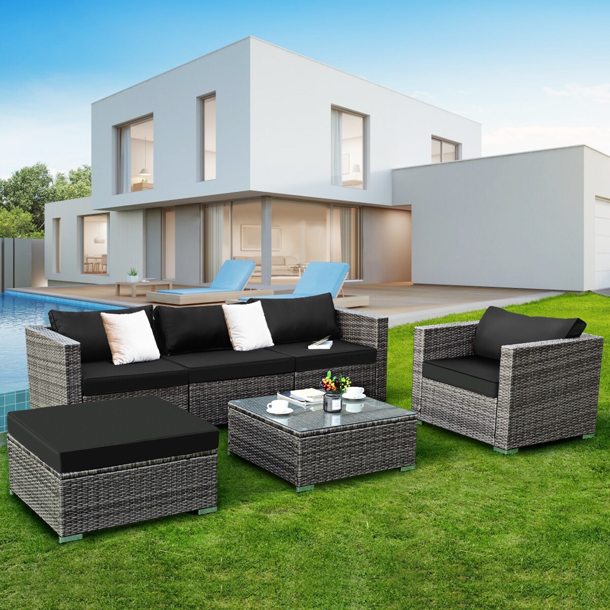 Shop Costway 6pc Furniture Set Steel Patio Sofa Pe Gray Rattan Couch 2 Set Cushion Covers 6 Piece Sets Overstock 20768538