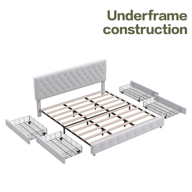 Linen Upholstered Headboard Bed Frame with Large Hidden Storage, 4 Underbed Drawers with Pulleys
