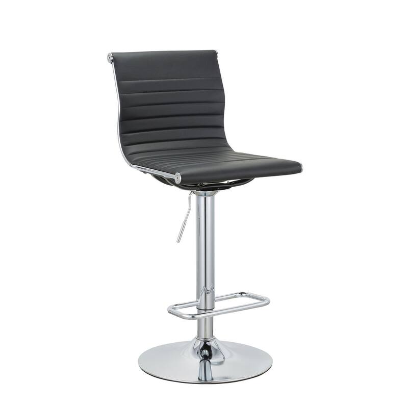 Set of Two Black And Silver Faux Leather And Metal Low Back Adjustable Height Bar Chairs
