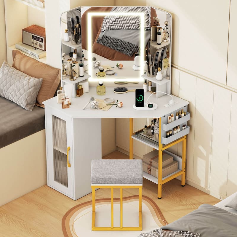 Costway Corner Vanity Desk with Mirror Lights Triple Mirror 3 Lighting - See Details