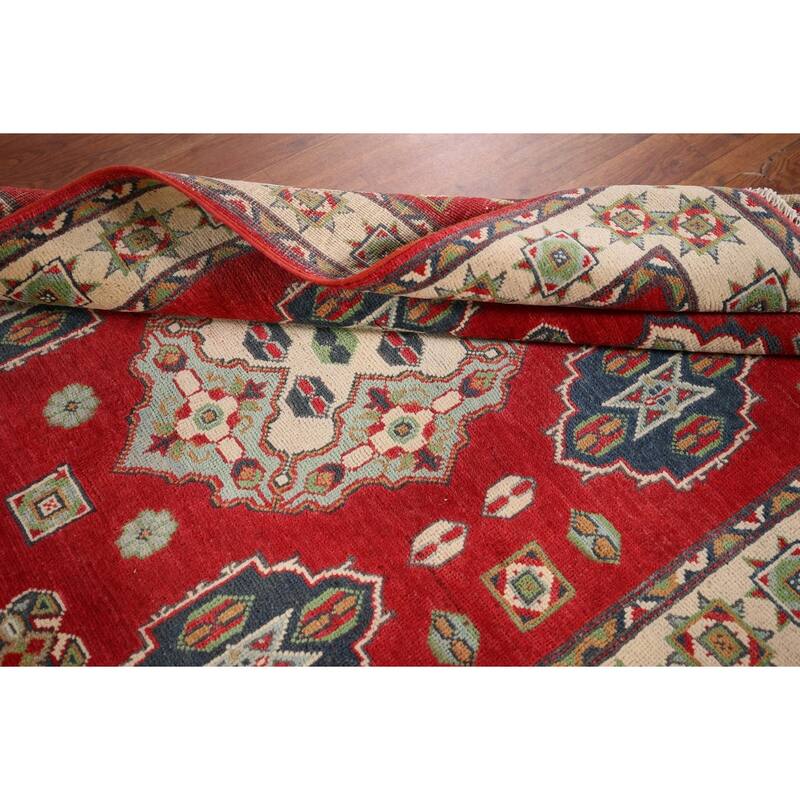 Geometric Red Kazak Accent Rug Hand-Knotted Bedroom Wool Carpet - 3'10" x 5'10"