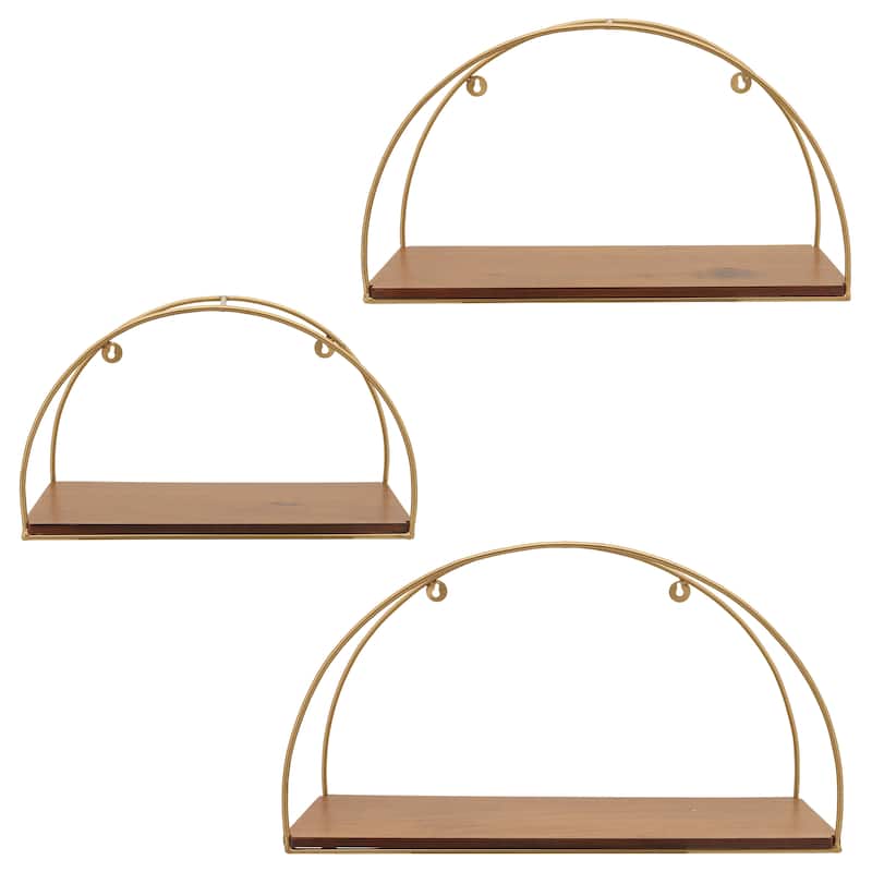 Metal Wood Arched Wall Shelves Set - Brown, 10/12/14" - 21.0"