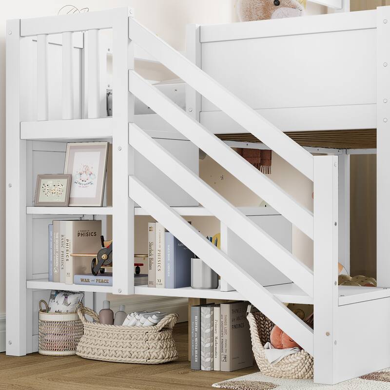 Twin House Loft Bed with Slide and Stairs, Storage Cabinets and Removable Desk, Kids Space Saving Loft Bed