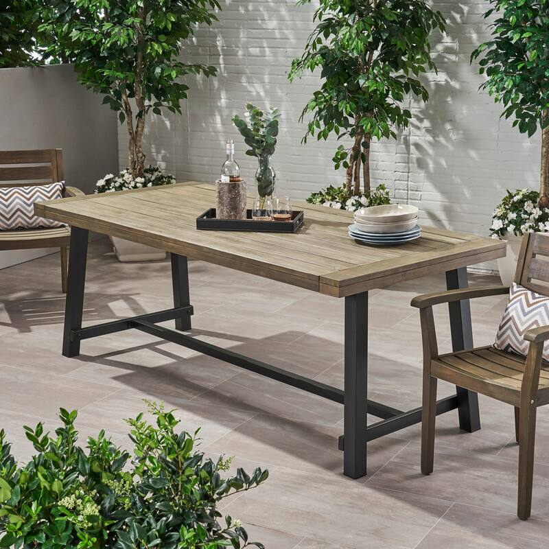 Roomfitters Outdoor Acacia Wood Dining Table with Rustic Metal Base, Weather-Resistant Patio Dining Furniture, Grey