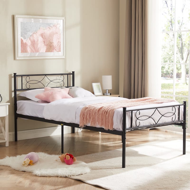 VECELO Twin Size Bed Frame Set of 2 with Headboard, 14 Inch Metal Platform Mattress Foundation Kids Bed Set of 2