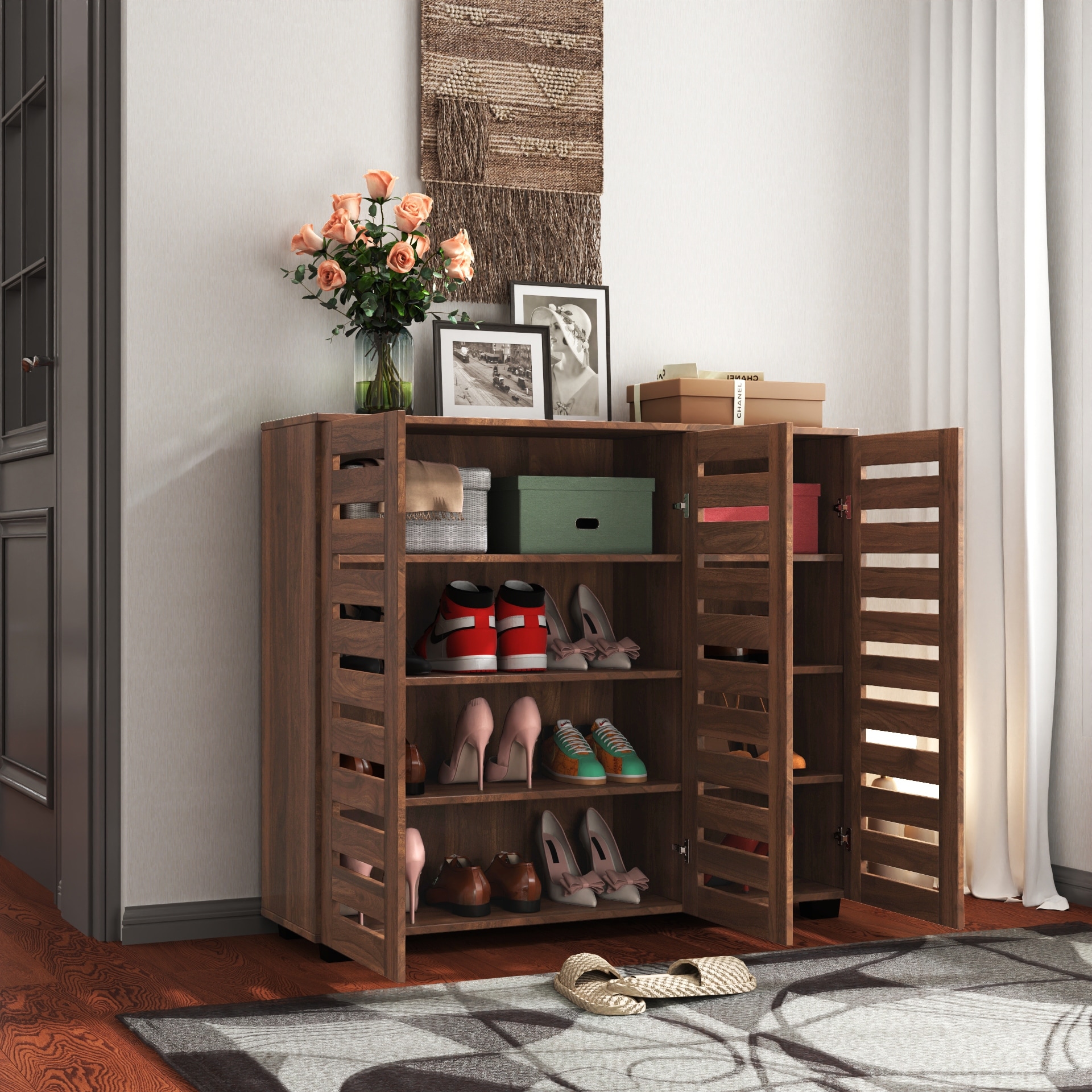 Wooden Shoe Rack Organizer Shoe Cabinet with Louvered Doors for Entryway