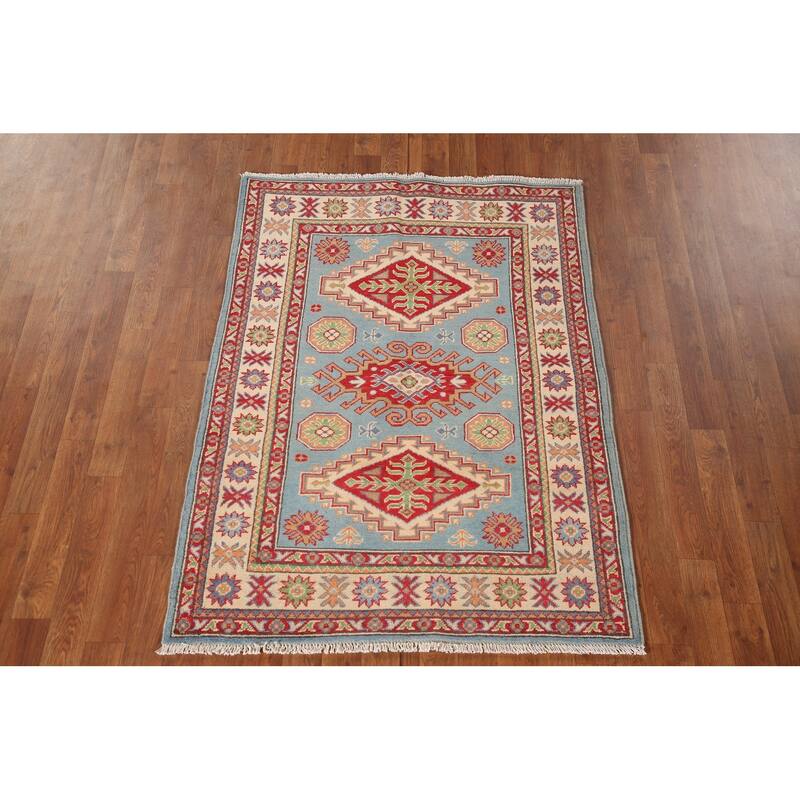 Light Blue Kazak Accent Rug Handmade Wool Carpet - 3'4"x 4'9"