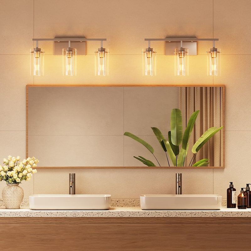 3-Light Brushed Nickel Bathroom Vanity Light with Clear Glass Shade