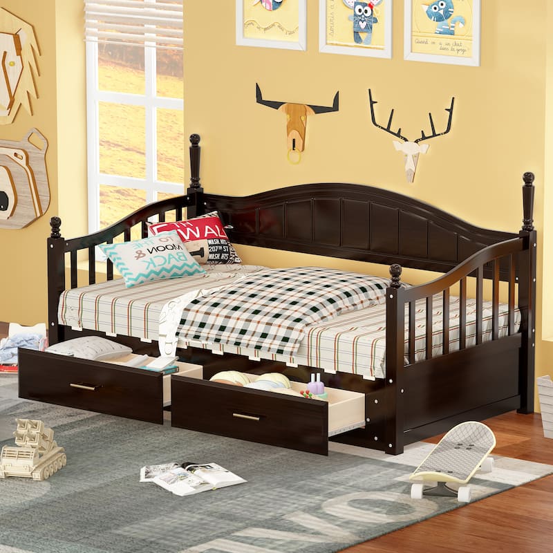 Wooden Twin Size Daybed with Twin Size Trundle and Drawers