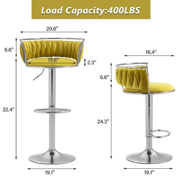 dimension image slide 3 of 24, Modern Velvet Adjustable Swivel Bar Stools Set of 2