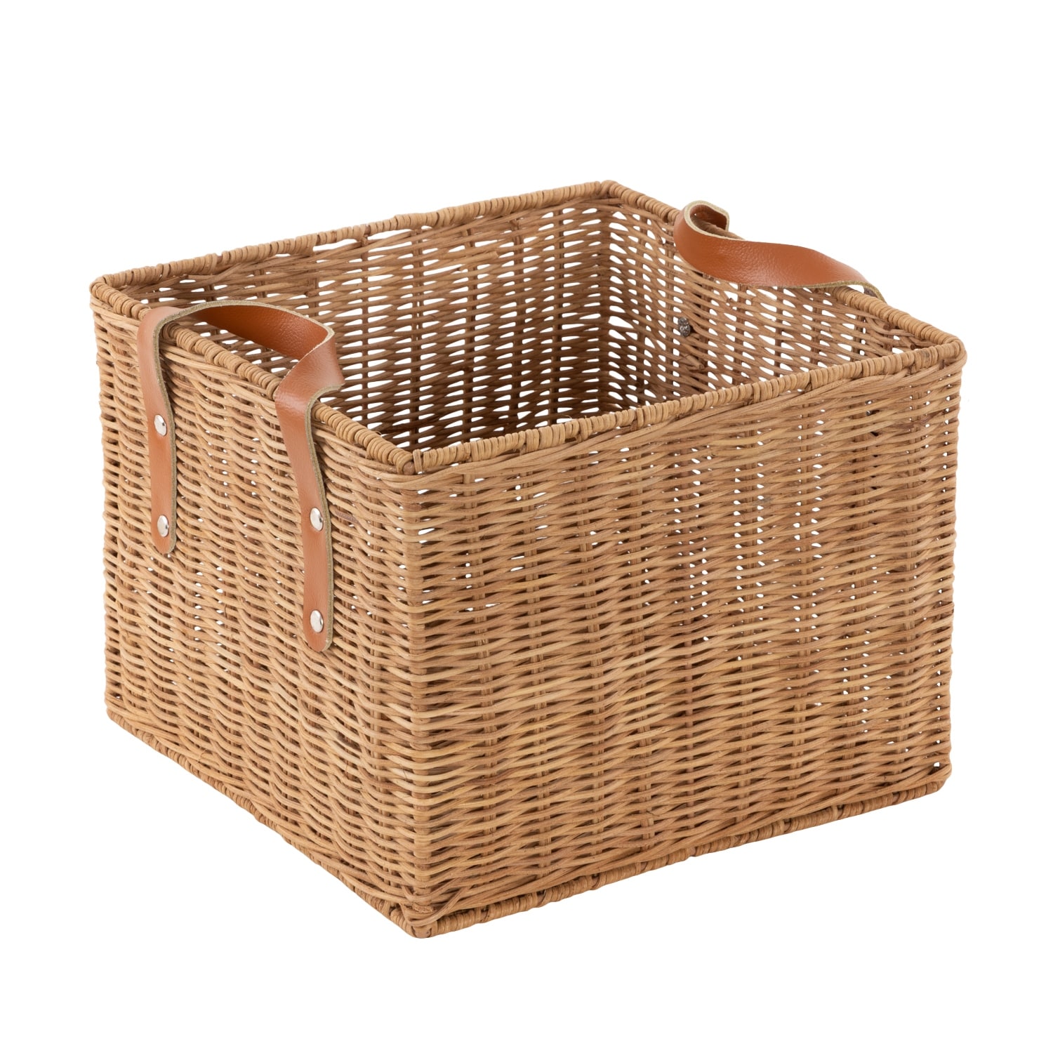 Rattan Handmade Woven Storage Basket with Leather Handles - Brown - Roche River Decor