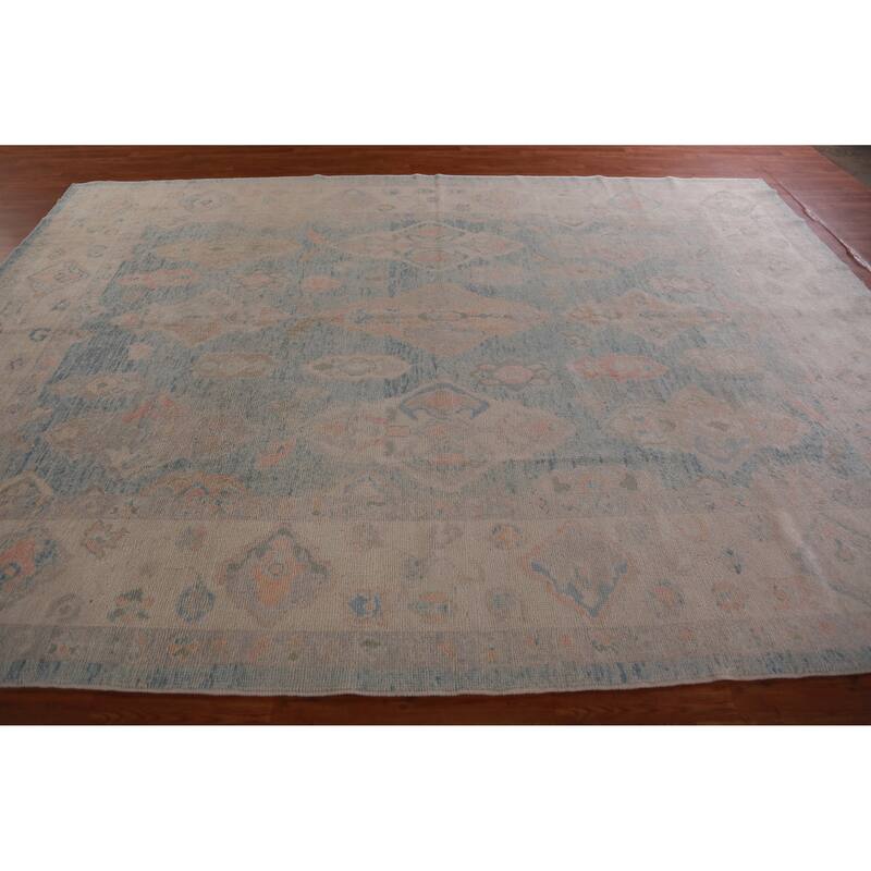 Hand Knotted Oriental 100% Wool Carpet Transitional Geometric Navy Blue & Blues Oushak Area Rug - 12' 3'' X 9' 0''