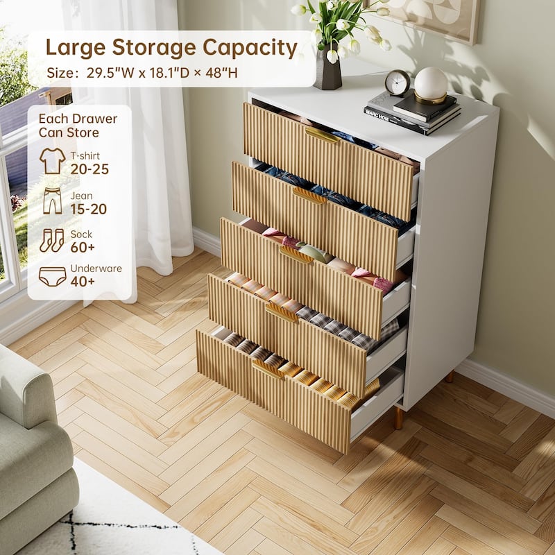 5 Drawer Dresser for Bedroom with Gold Handles, Modern Wooden Chest of Drawers
