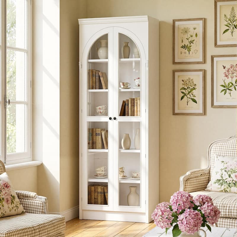 Modular White Bookcase with LED Lights & Glass Doors, 86.6" Tall Arched Display Cabinet Solid WoodStorage Cabinet
