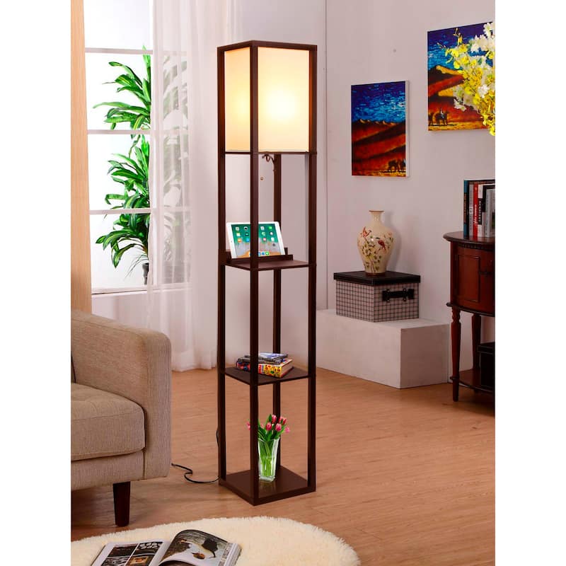 Brightech Maxwell 63 in. Havana Brown Modern USB and Wireless Charging LED Floor Lamp with White Fabric Square Shade