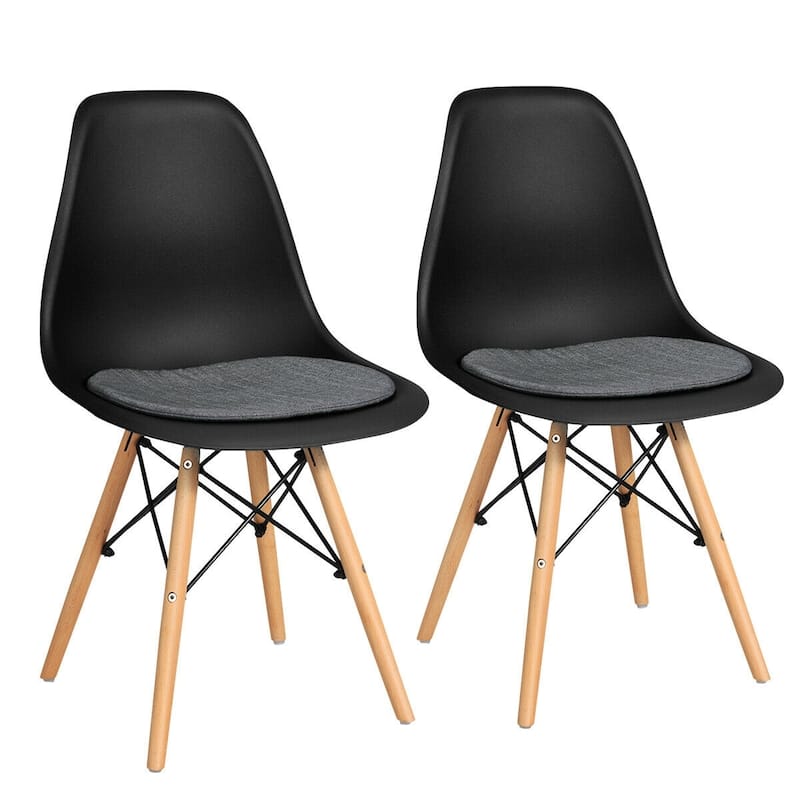 Set of 2 Ergonomic Dining Chairs with Soft Linen Cushion and Sturdy PP Seat and Wooden Frame - 18" x 19" x 33" (W x D x H) - Black