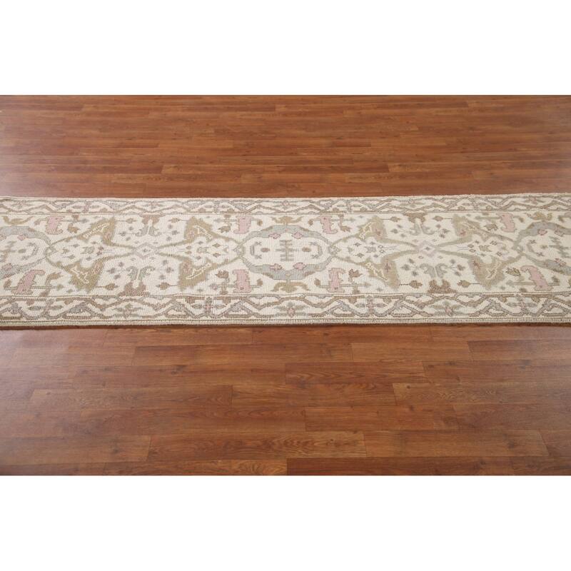 Ivory Oushak Style Runner Rug Hand-knotted Wool Carpet - 2'6"x 9'9"