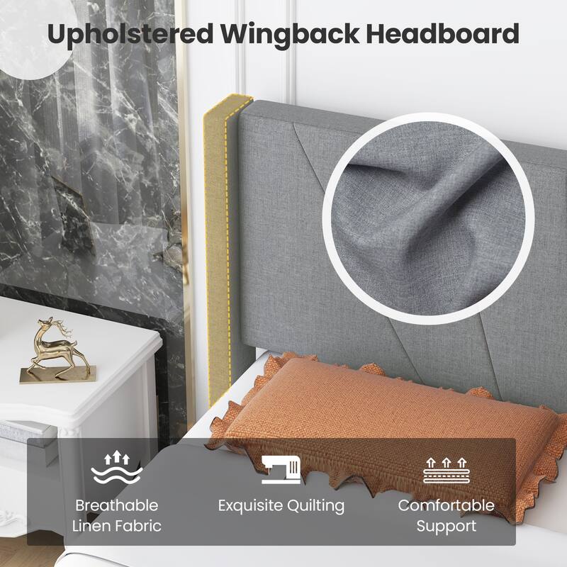 Bed Frame with Linen Upholstered Wingback Headboard