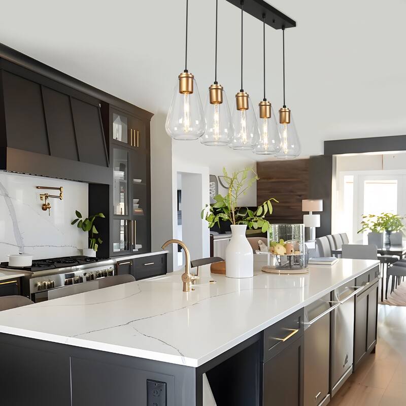 Modern Farmhouse 5-Light Black Gold Chandelier Linear Design with Clear Glass Kitchen Island Light for Dining Room