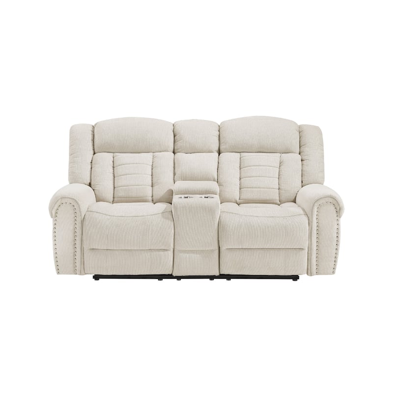 Reo Double Manual Reclining Loveseat with Console, Beige Chenille