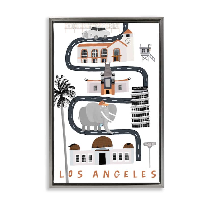 Stupell Los Angeles Whimsical Travel City Framed Floater Canvas Wall Art Design By Carla Daly - 21 x 31 - Grey
