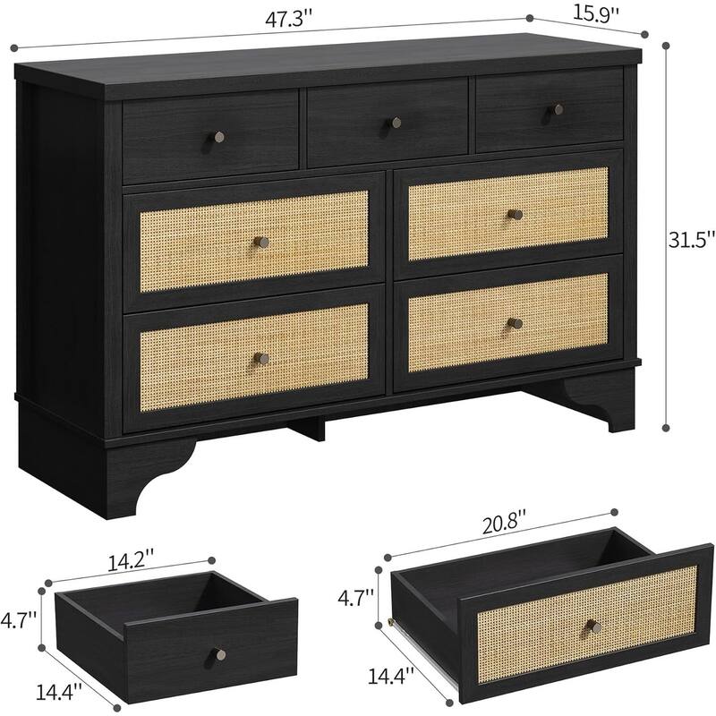47.3" Wide Rattan 7 Drawer Dresser Storage Organizer for Bedroom