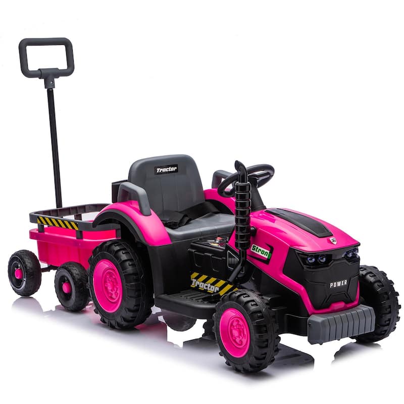12V Kids Electric Ride-On Tractor with Trailer for Ages 3-6, LED Lights & Music - Pink