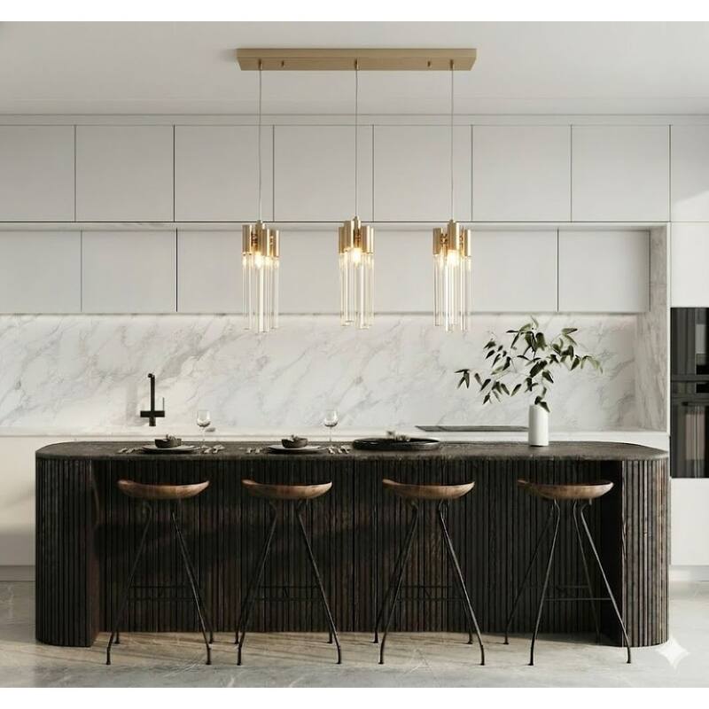 3-Light L31.4" Gold Frame Three Light Pendant Fixture with Clear Glass Tubing