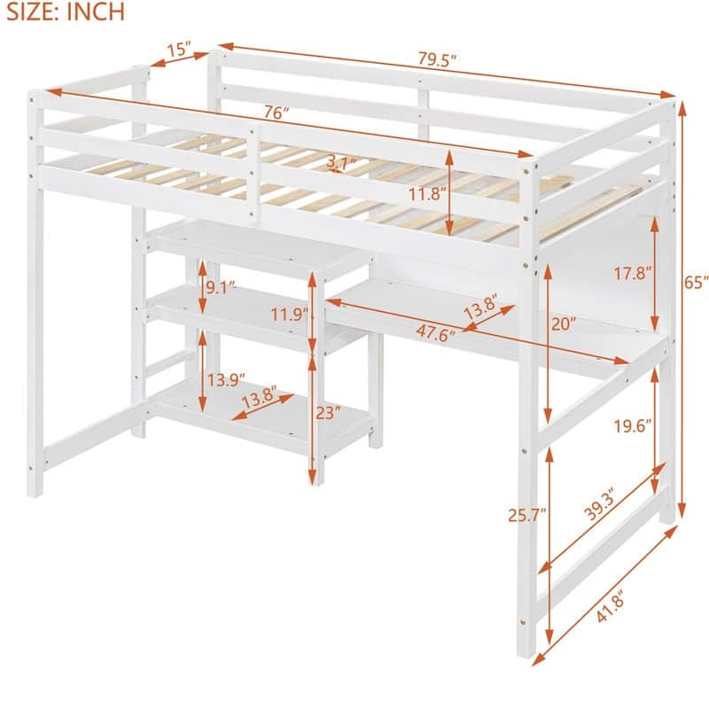 Twin Size Wooden Loft Bed with Shelves, Desk and Writing Board
