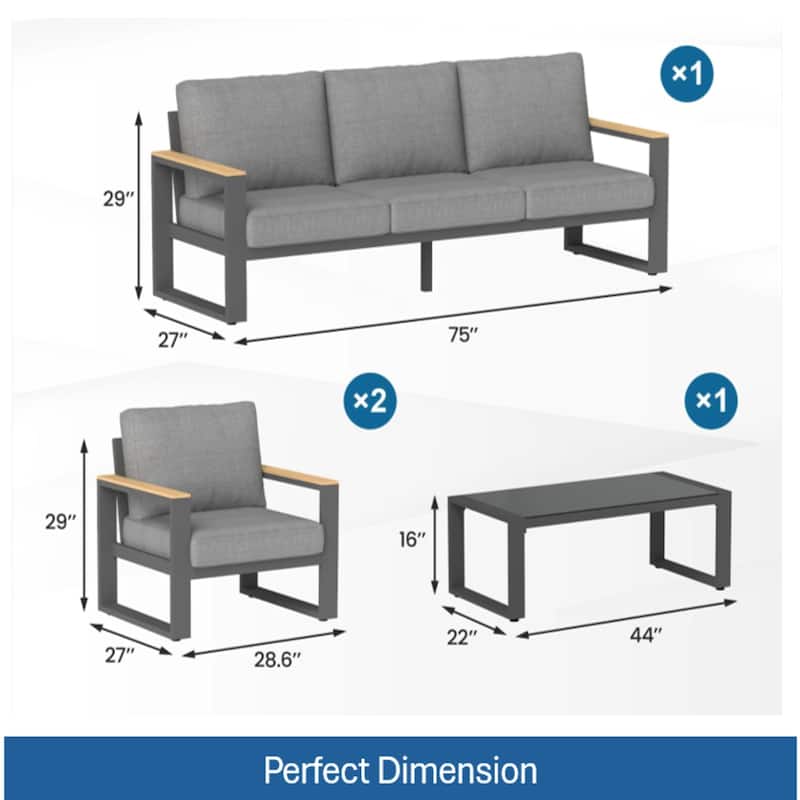 5-Seat 4 Piece Aluminum Patio Set with Glass Table and Gray Cushions