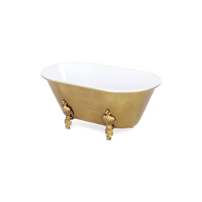 HomeRoots 12" Gold And White Metal Hand Painted Decorative Tub - 12.00 in. x 5.00 in. x 6.50 in.